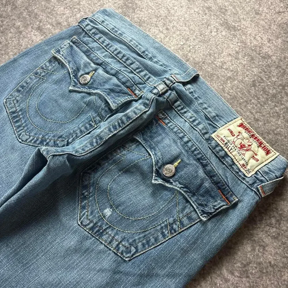 Vintage Y2K True Religion Billy Men’s Jeans World Tour Distressed Raw Hem Denim